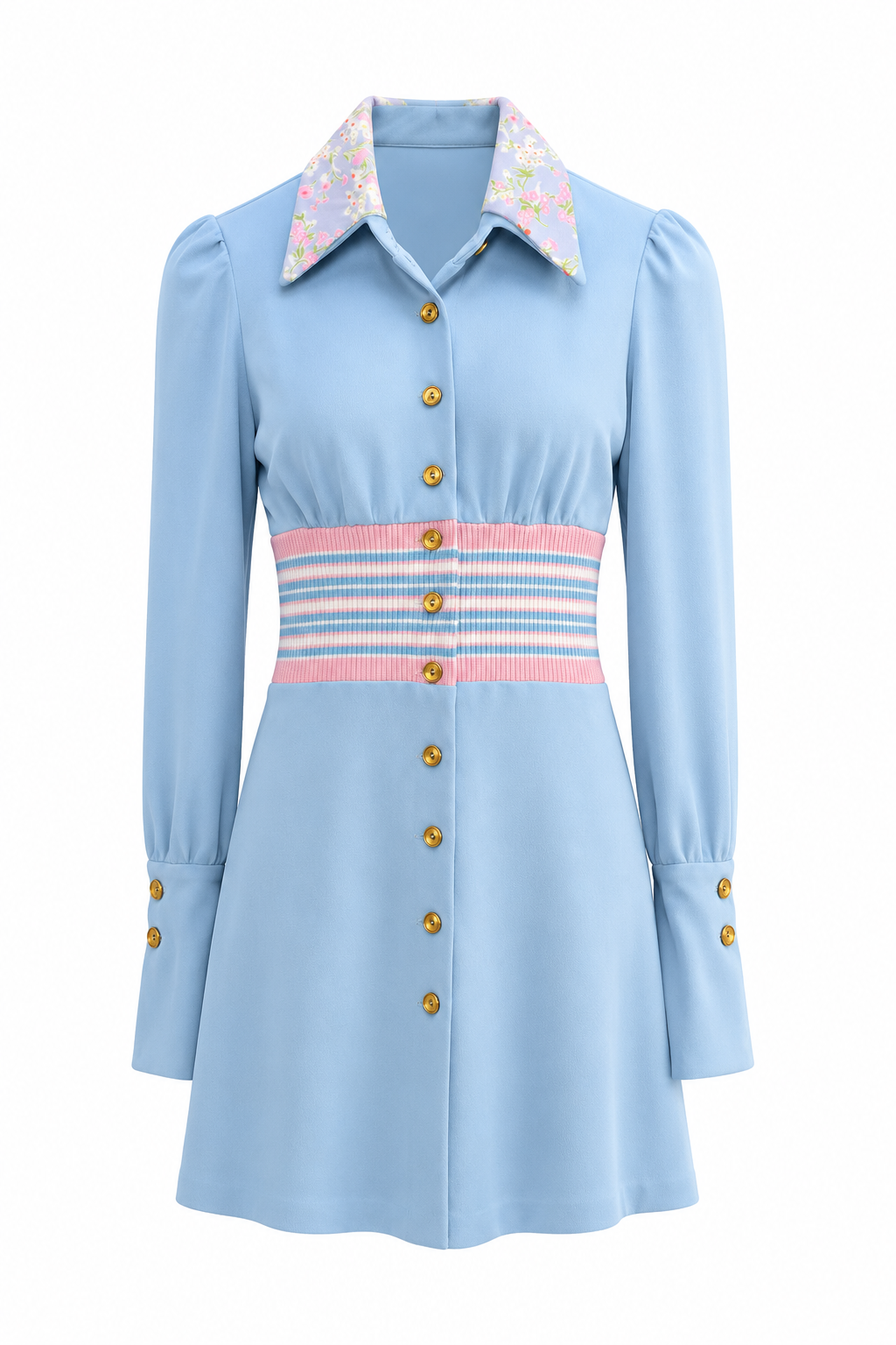 Vintage 1970s Baby Blue Mod Mini Dress Pink Striped Waist Floral Collar Bell Sleeves XS Union Made USA