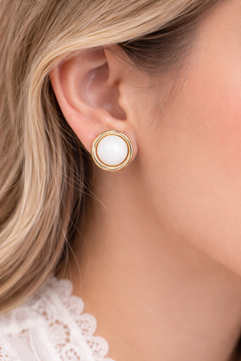 Vintage Gold-Tone White Cabochon Stud Earrings | Classic Minimalist Design