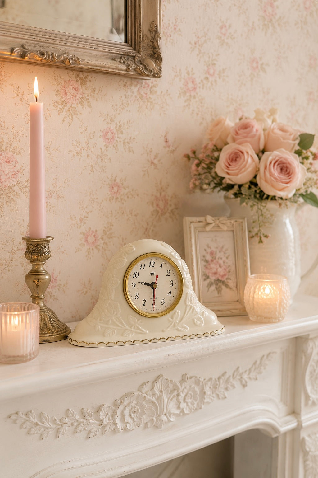 Vintage Cream Ceramic Mantel Clock | Floral Embossed Fireplace Shelf Clock