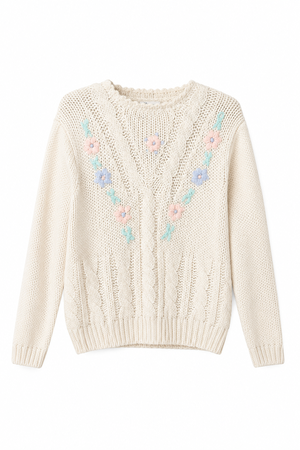 Vintage OHI Floral Embroidered Cable Knit Sweater | Cottagecore Cream Ramie Blend Pullover | Size Medium