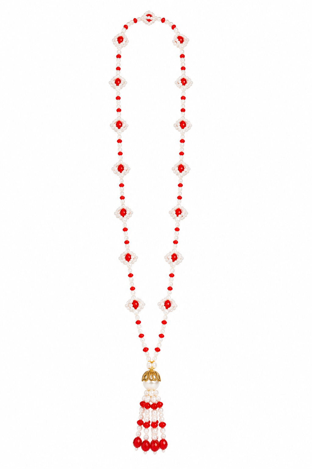 Vintage 1960s Red & Pearl Beaded Tassel Necklace | Mid-Century Statement Necklace | Retro Holiday Jewelry | 30”