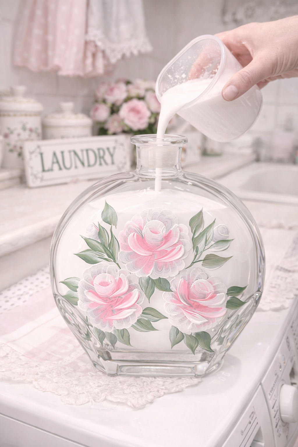 Large Vintage Hand-Painted Floral Glass Decanter | 9” Perfume Bottle / Oil & Spirits Bottle