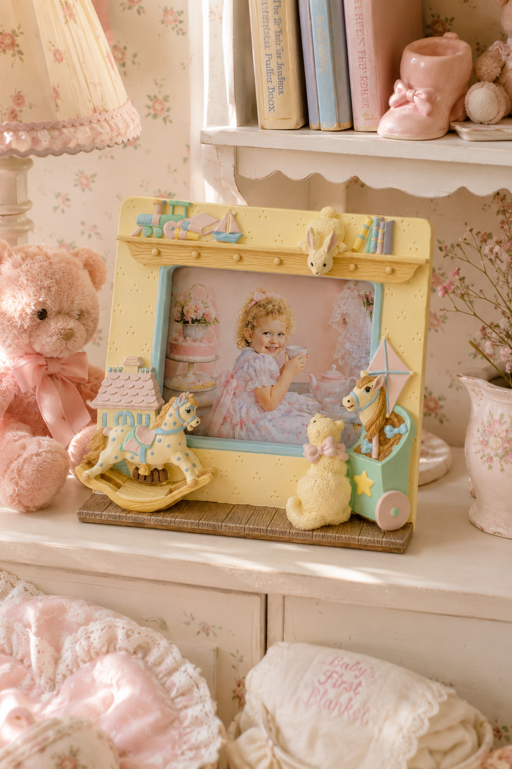 Vintage Pastel Nursery Photo Frame | Rocking Horse & Teddy Bear Picture Frame | Holds 3.5” x 5” Photo | New Old Stock