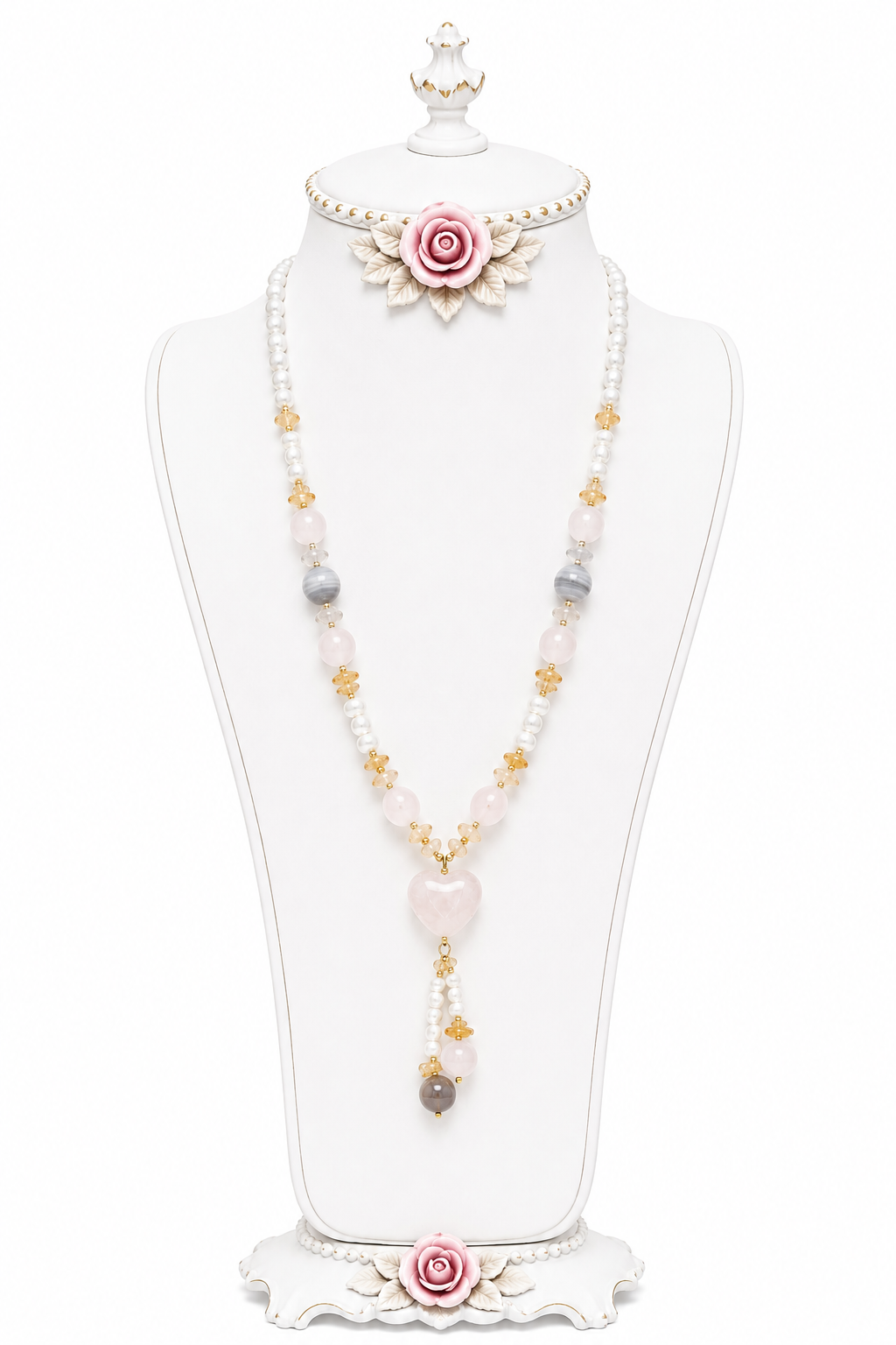 Vintage Rose Quartz Heart Pendant Necklace | Romantic Beaded Statement Necklace | Pearl & Gold Accents