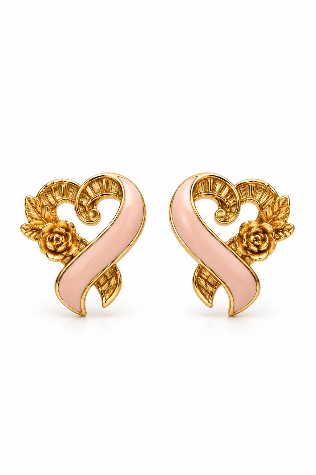 Vintage 1996 Avon Blush Pink Ribbon & Gold-Tone Rose Stud Earrings – Romantic Floral Statement Jewelry