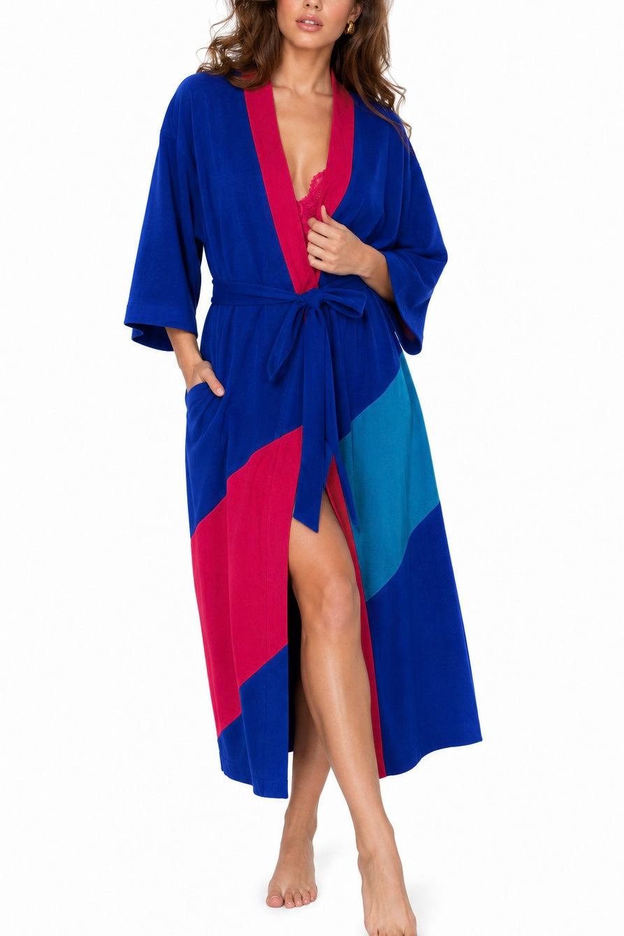 Rare Vintage 1970s–1980s Colorblock Robe | Electric Blue Belted Lounge Robe | One Size
