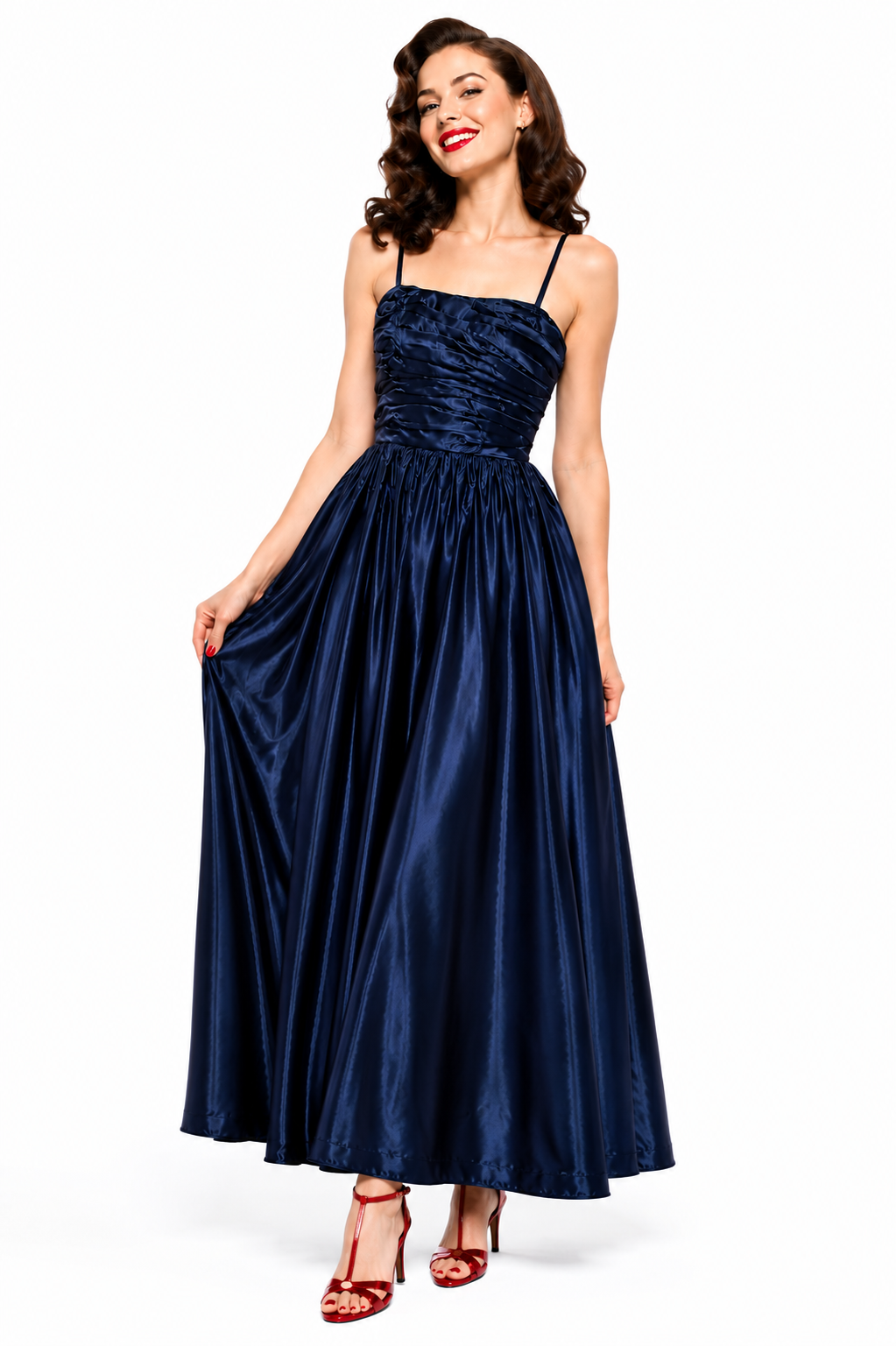 Vintage 1980s Navy Blue Satin Evening Gown | Ruched Formal Dress | Size 6