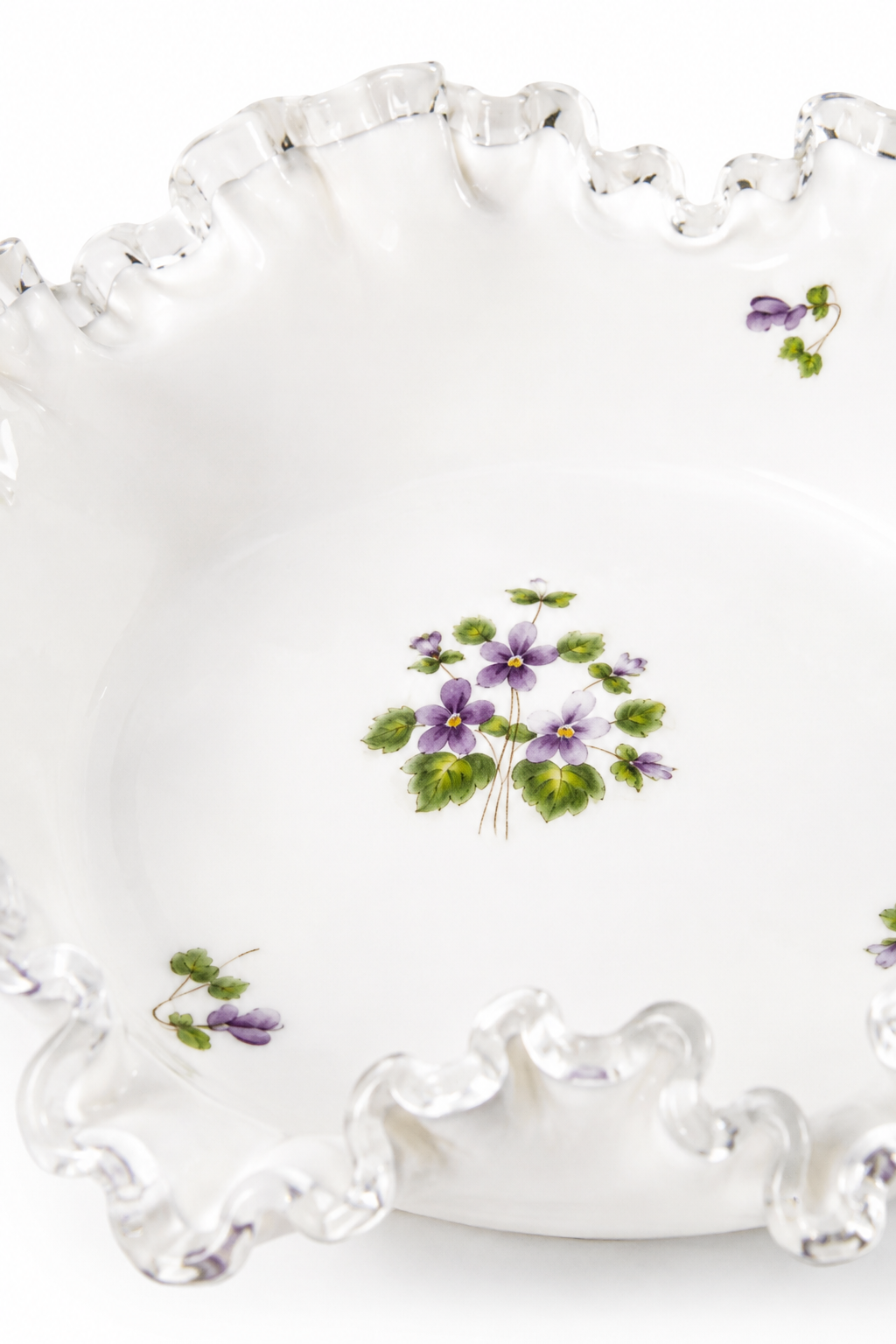 1960s-80s Vintage Westmoreland Glass Violets Floral Brides Basket – Milk Glass Ruffled Clear Edge