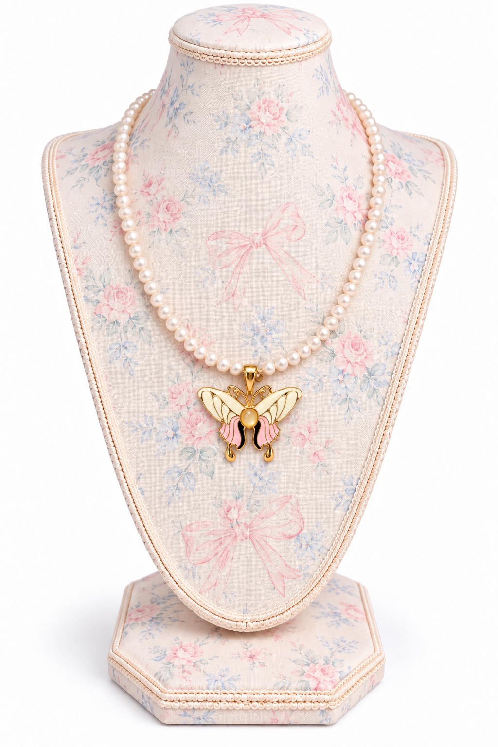 Vintage 1980s Signed RMN Roman Gold-Tone Pink & White Enamel Butterfly Pendant Enhancer – 2.5”