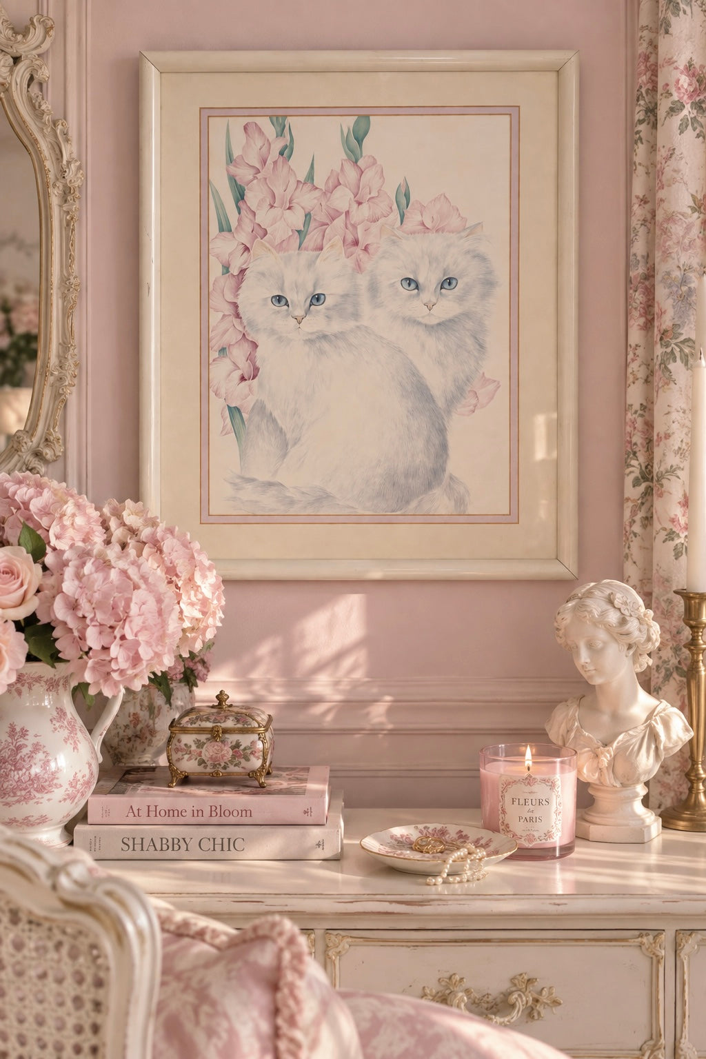 Vintage 1980s Bob Harrison White Cats & Pink Flowers Framed Lithograph Print – JME 3029