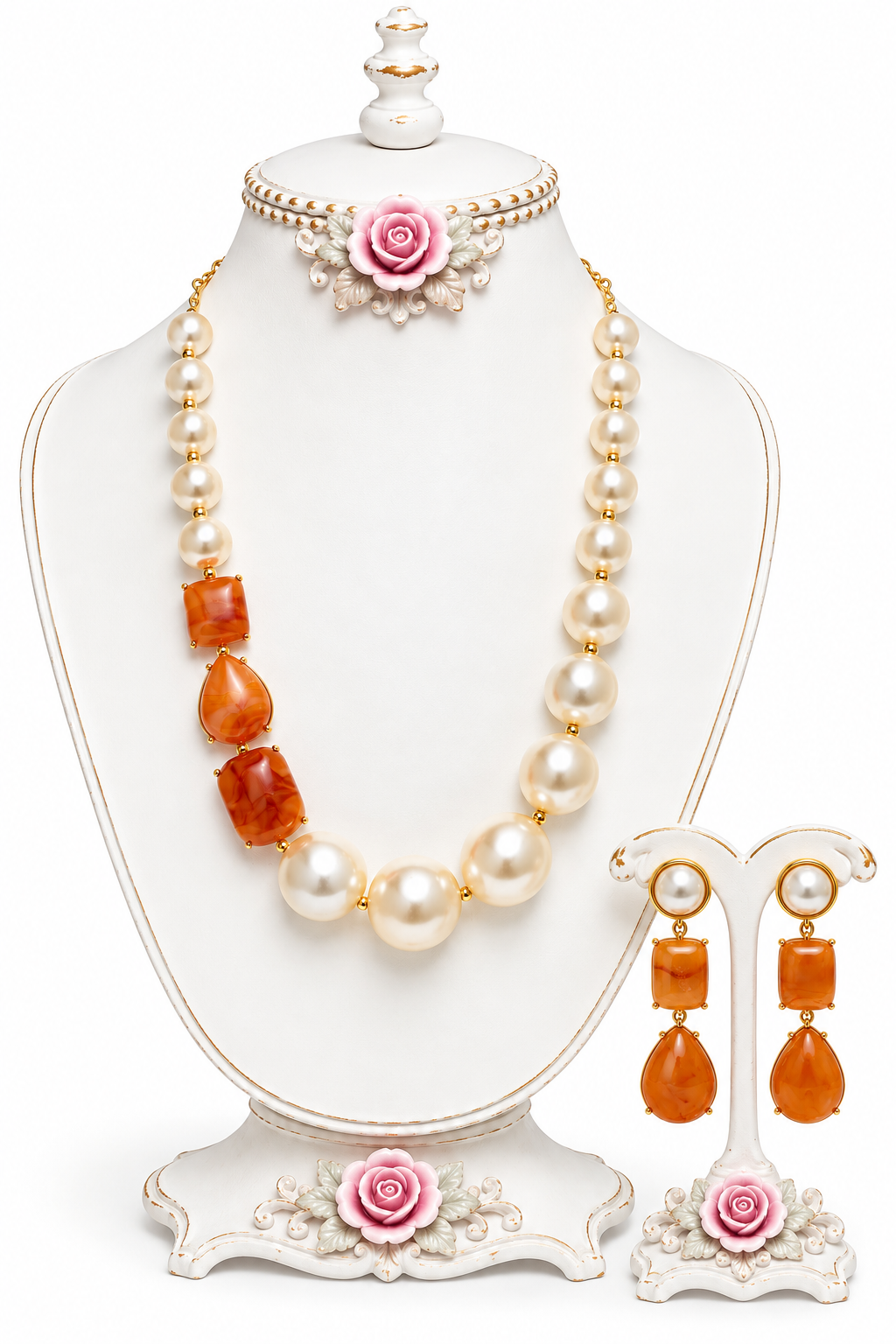 Ivory Faux Pearl & Amber Orange Beaded Necklace and Earring Set | Elegant Gold-Tone Statement Jewelry