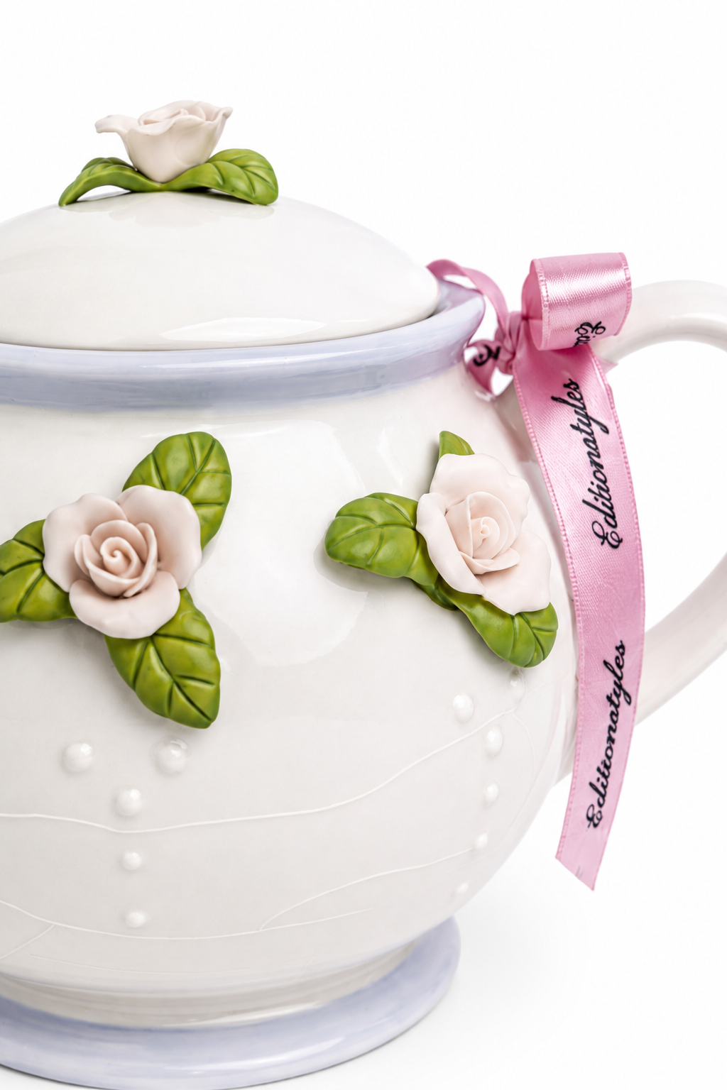 Vintage Teleflora Ceramic Teapot | White with Blue Trim & Raised Pink Roses | Cottage Floral Tea Pot