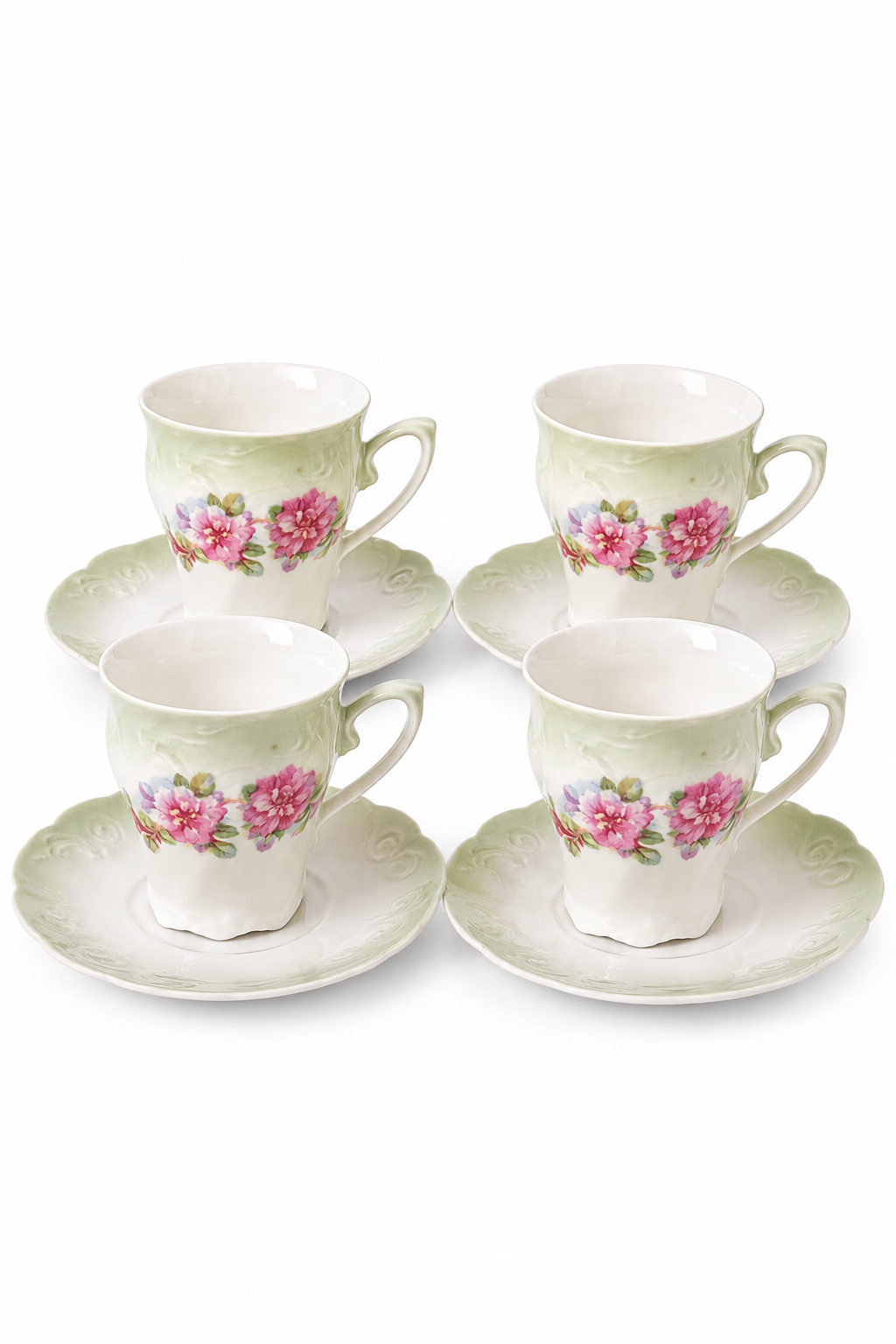 Antique George Bassett G.I. Germany Porcelain Teacup & Saucer | 1900–1930s | Pale Green Pink Roses | 4 Available