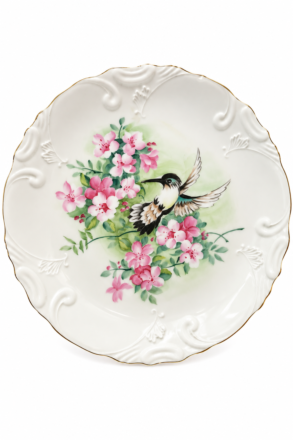 Vintage Hand-Painted Hummingbird Porcelain Decorative Plate – Pink Flowers, Gold Trim & Scalloped Edge