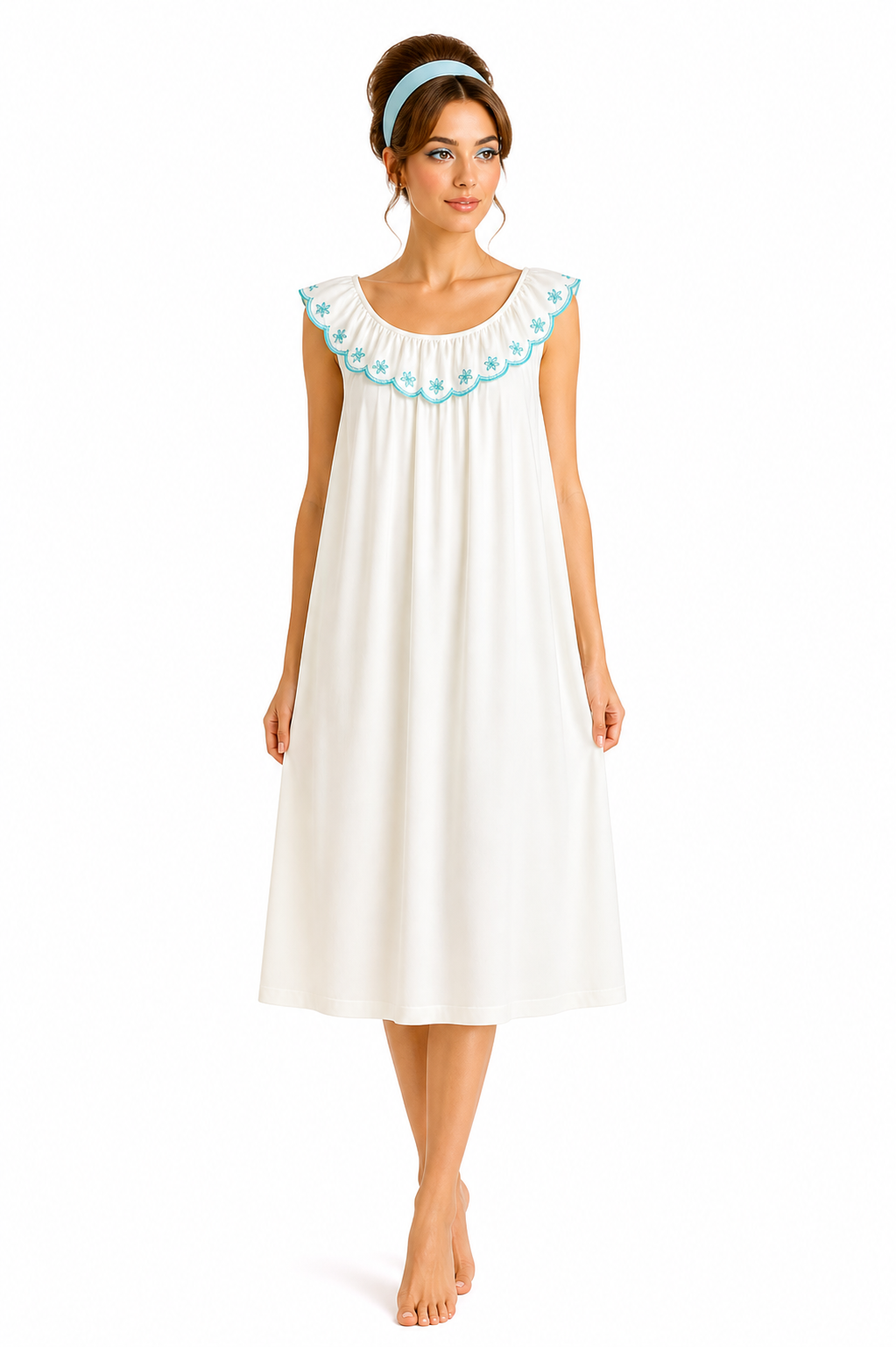 Vintage White & Blue Embroidered Nightgown | Retro Sleeveless Lounge Dress - Size S/M