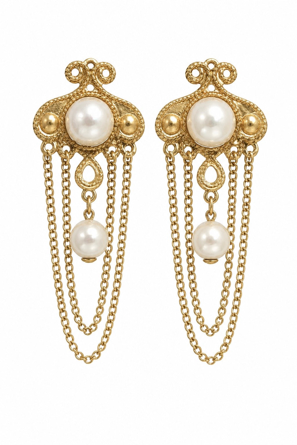Vintage Gold Tone Faux Pearl Chain Drop Stud Earrings | Statement Dangle Earrings