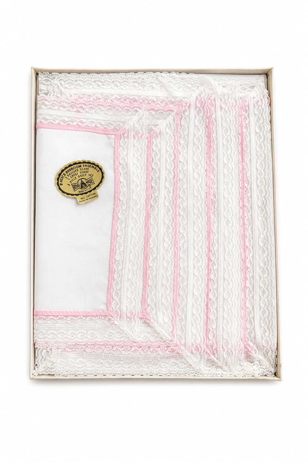Vintage 1950s Grant & Crest 5-Piece Cotton Bedroom Dresser Scarf & Doily Set – Pink & White Lace – New Old Stock in Original Box