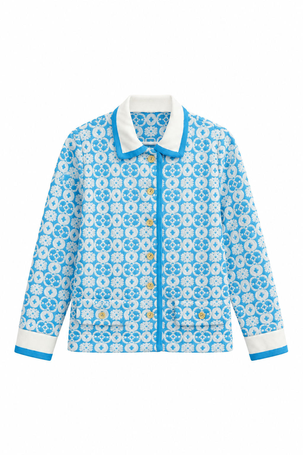 Vintage Blue & White Lightweight Jacket | 1960s–1970s Geometric Print Summer Jacket | Size S/M