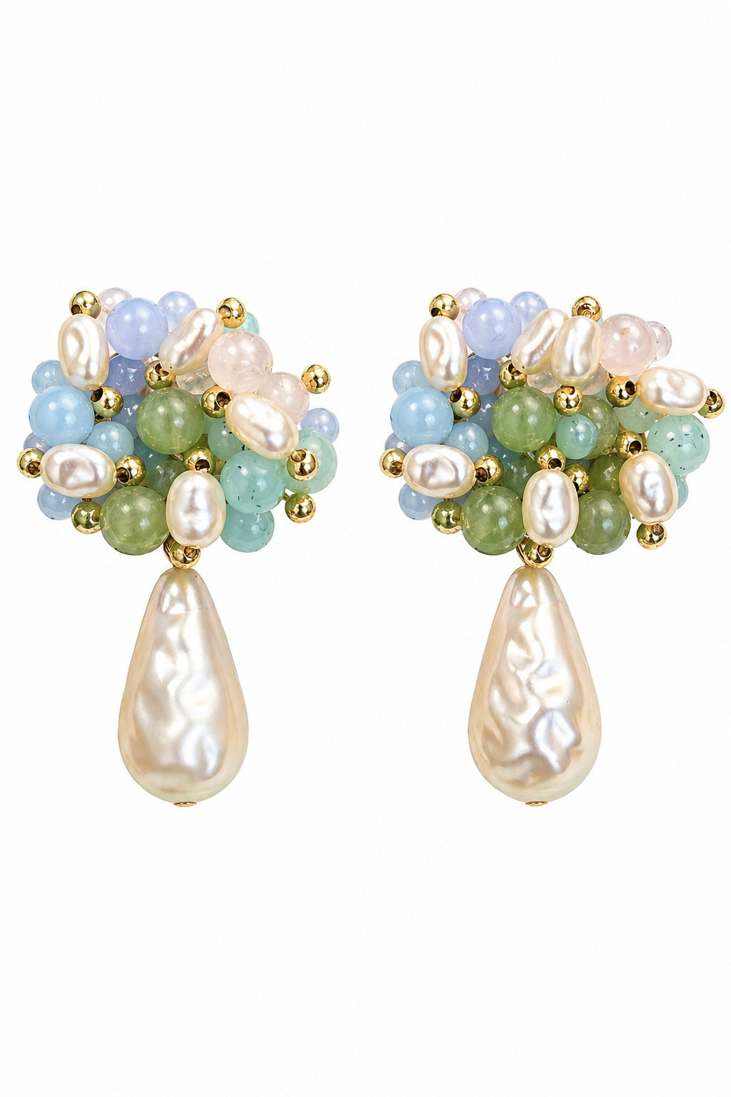 1950s Pastel Beaded Pearl Drop Statement Earrings | Vintage Stud Earrings