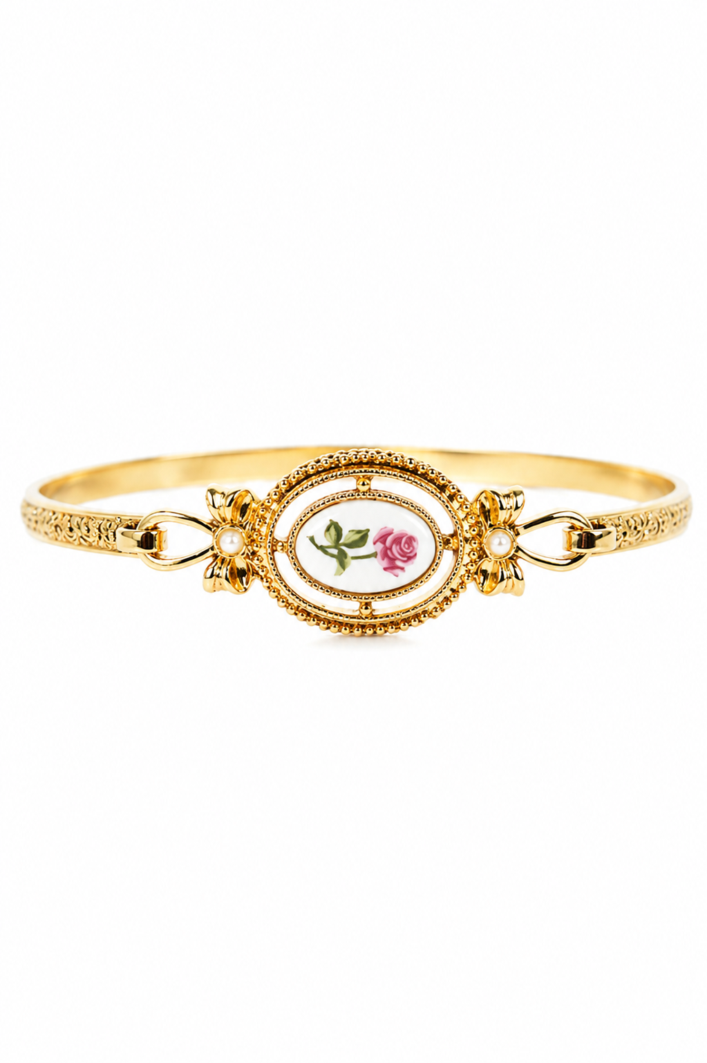 Vintage 1980s Avon Gold-Tone Porcelain Pink Rose Cameo Bangle Bracelet | Romantic Floral Hinged Bracelet