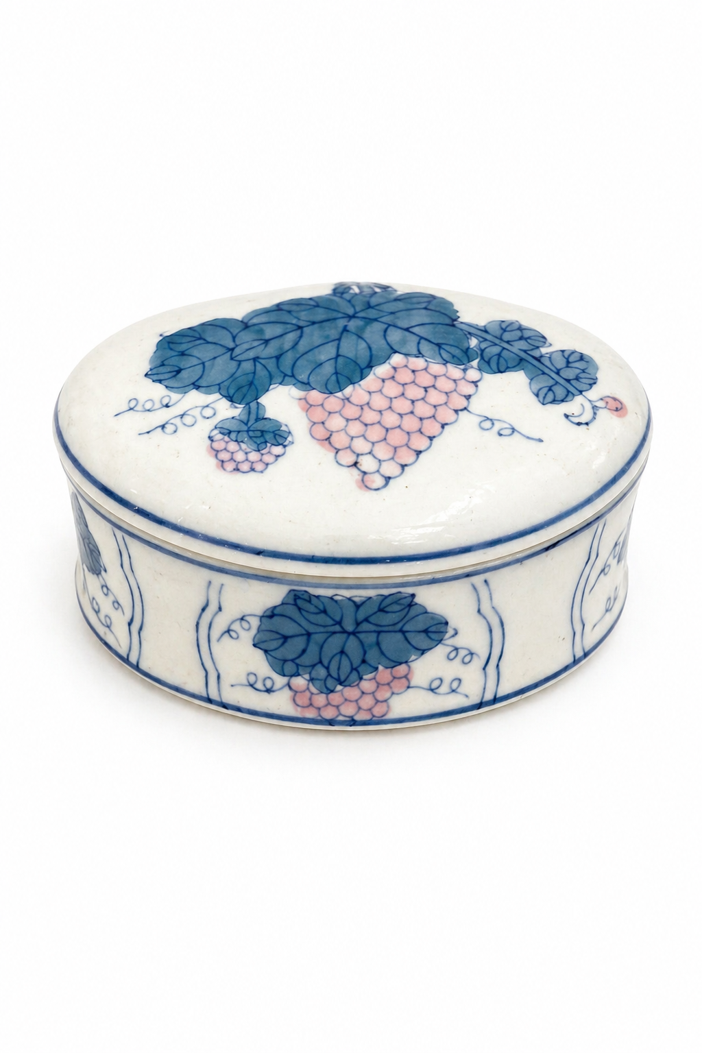 1980s Oval Porcelain Trinket Box | Vintage Pink & Blue Fruit Keepsake Box
