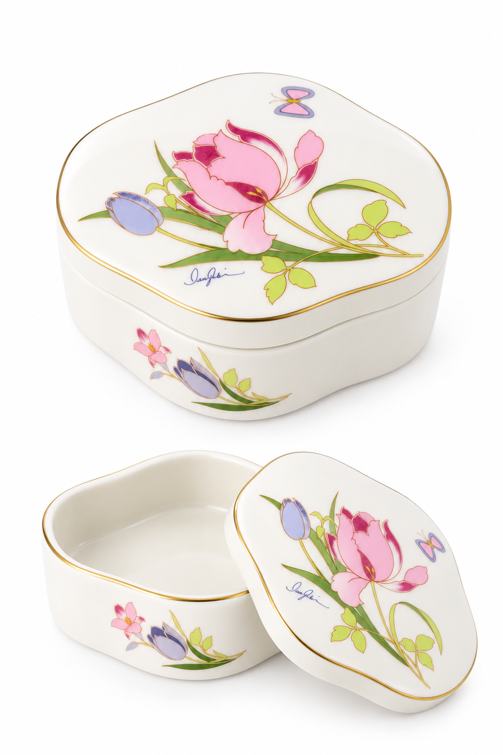 Vintage 1980s Japanese Floral Porcelain Trinket Box | Gold Trim