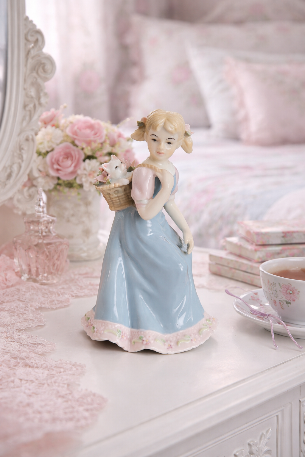 Sweet Garden Girl with Kitten Basket Porcelain Figurine | Cottagecore Collectible