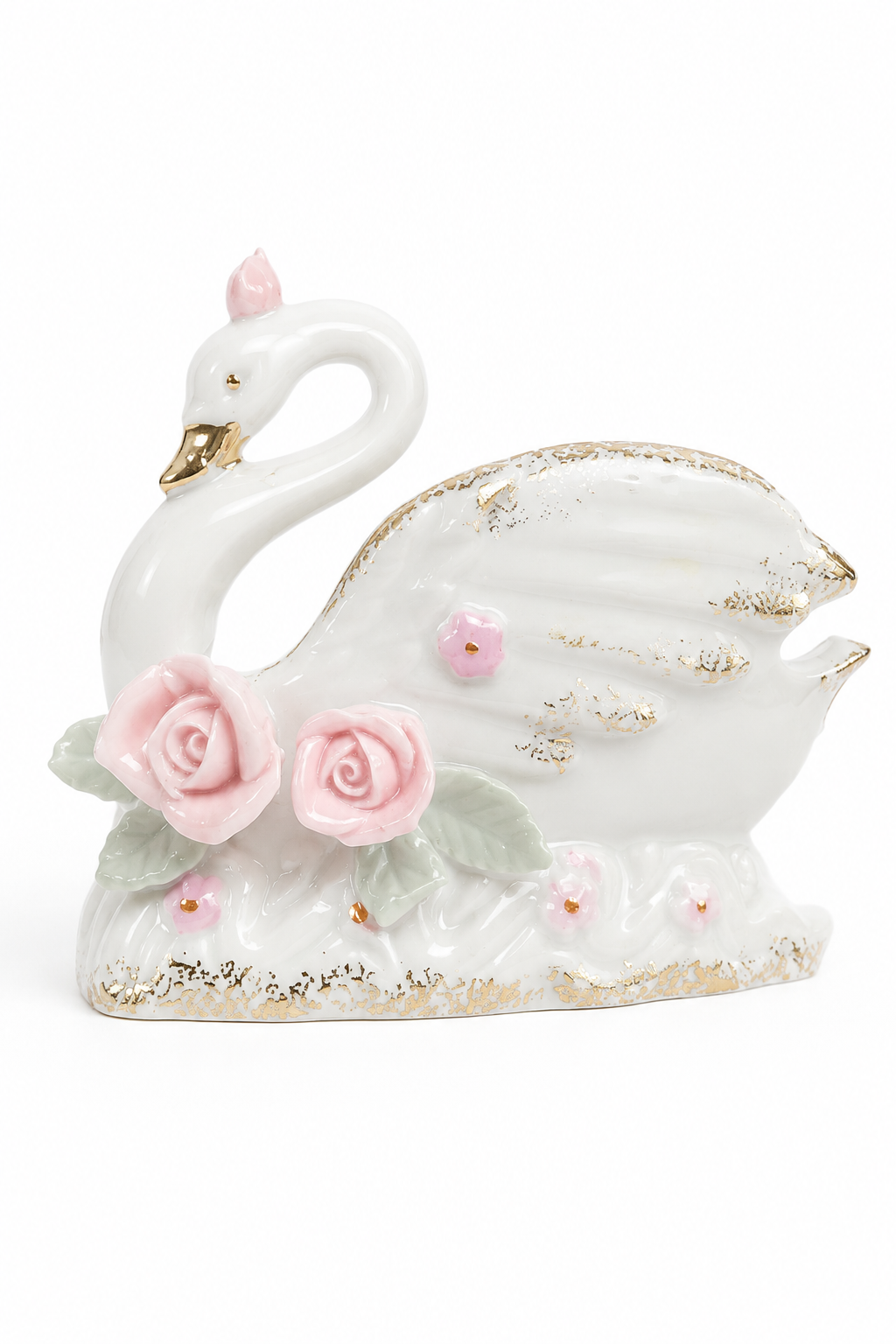 Vintage 1950s–1960s Bone China Swan Figurine Trinket Dish | Pink Porcelain Roses | Gold Gilt | Made in Japan