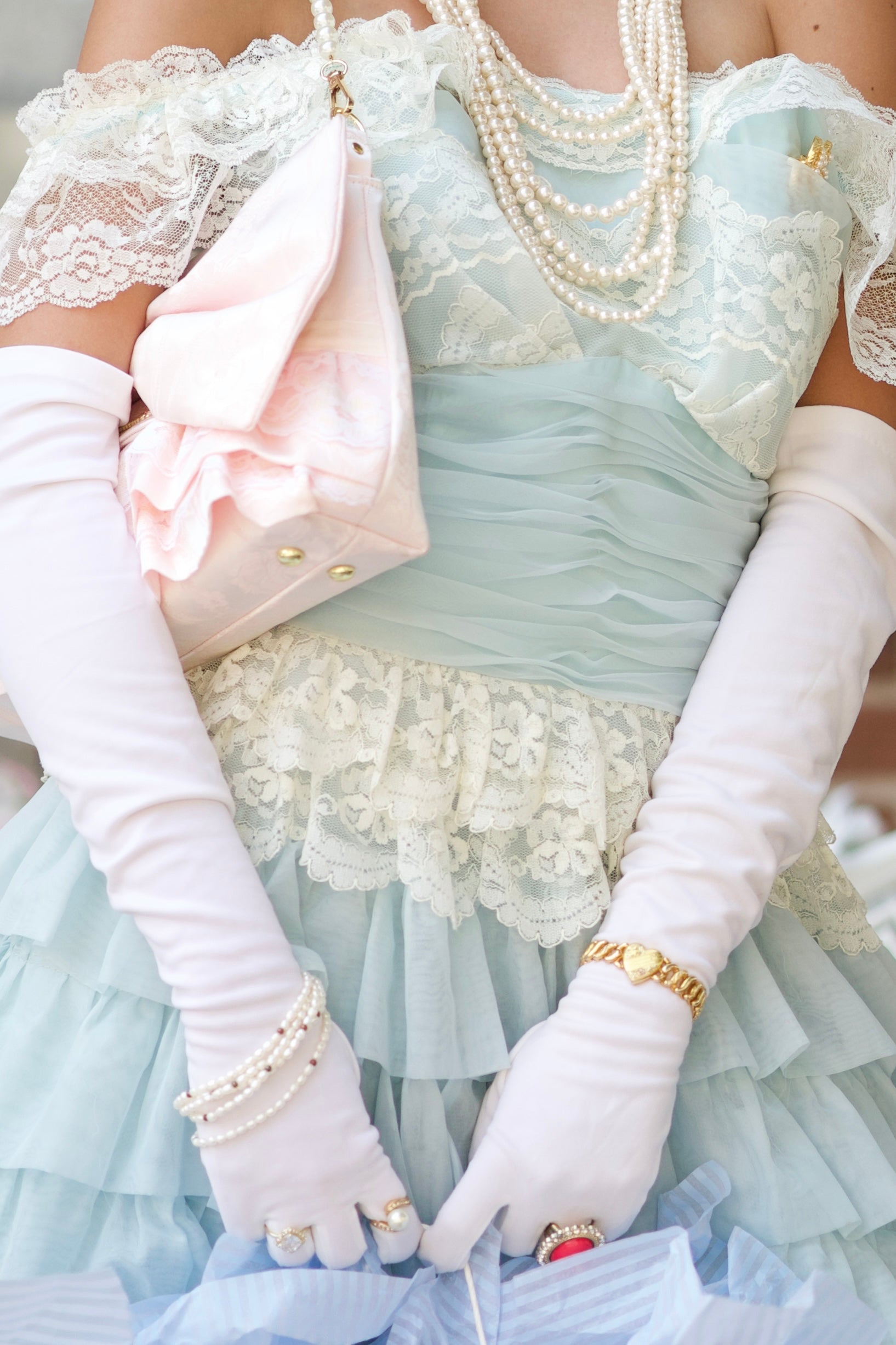 Vintage 1970s Pastel Blue Tiered Ruffle Prairie Maxi Dress Gown with Lace Trim XS/Small