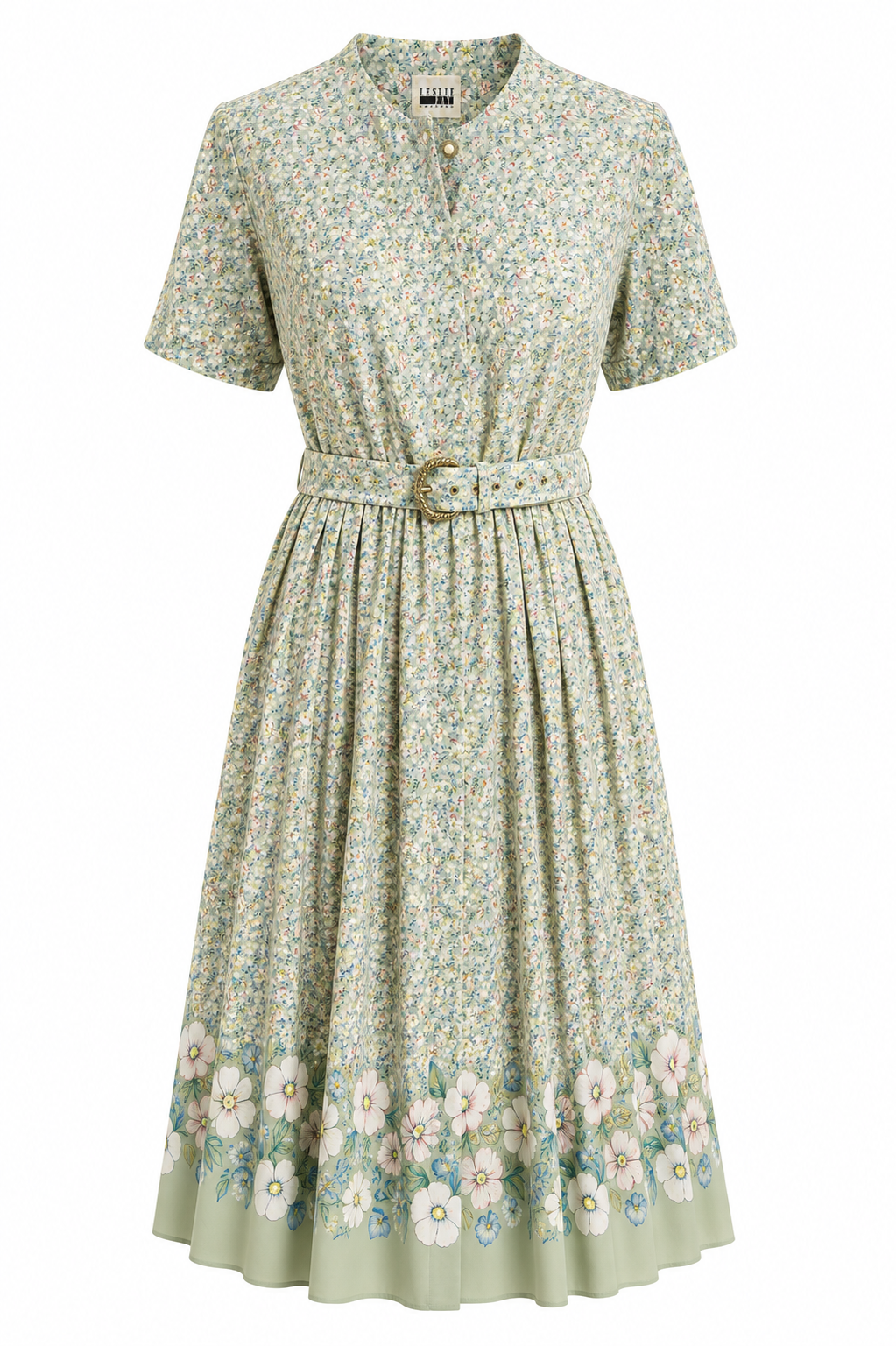 Vintage 1980s Leslie Fay Floral Pleated Midi Shirtdress Size 14 Sage G