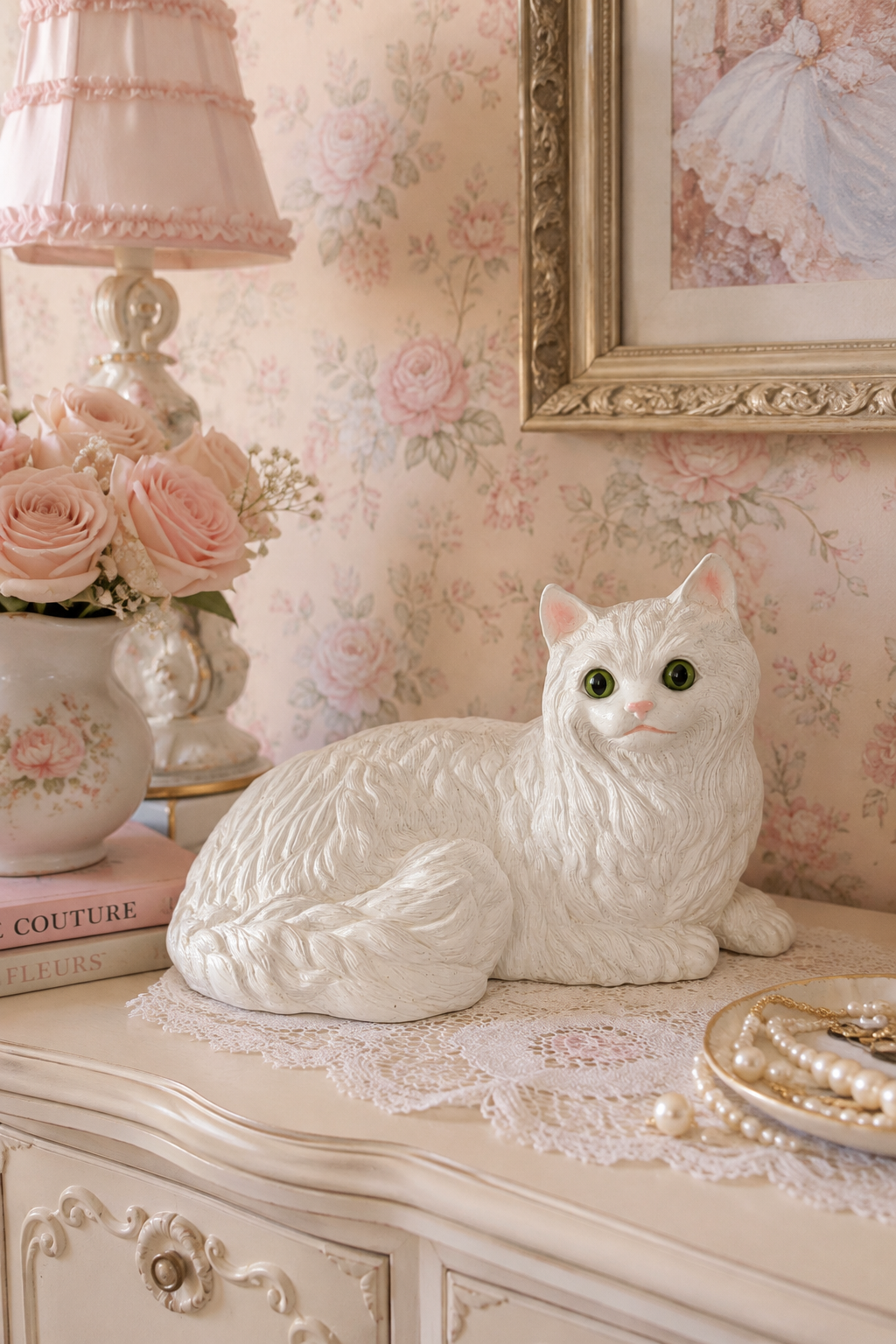 Vintage 1960s–1980s White Persian Cat Figurine – Green Eyes Large 11” Kitty Décor