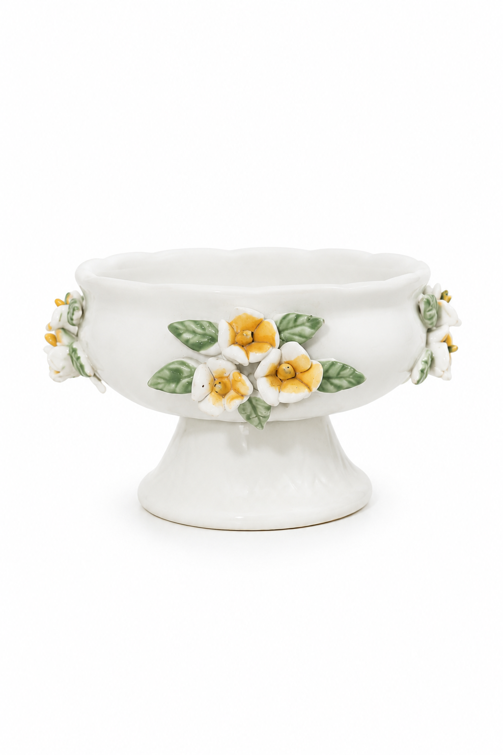 Vintage 1950s–70s Capodimonte Style Porcelain Pedestal Bowl – Yellow 3D Floral Compote Dish