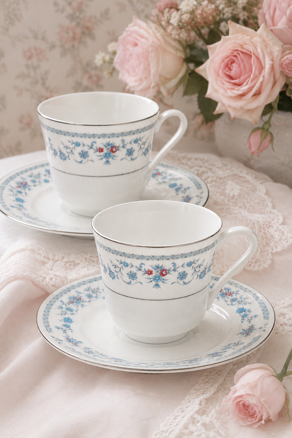 Vintage 1970s–1980s Crescent China Bridal Veil Teacup & Saucer | Ranmaru Japan Blue Floral Fine China