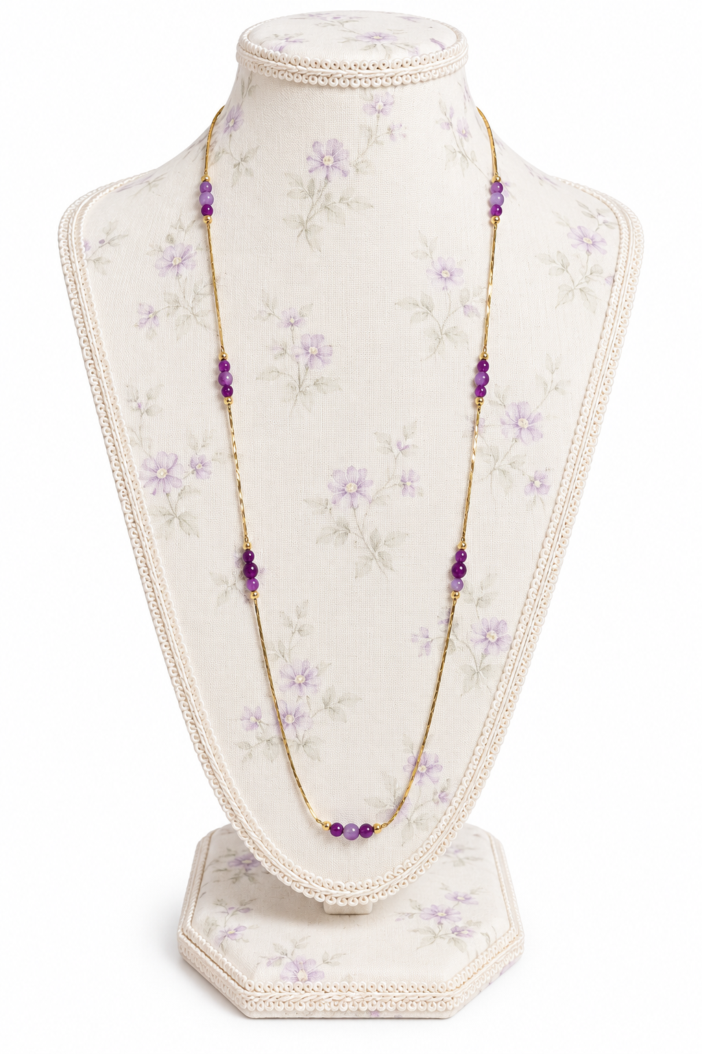 Vintage 1970s–80s Gold-Tone Purple Beaded Station Necklace