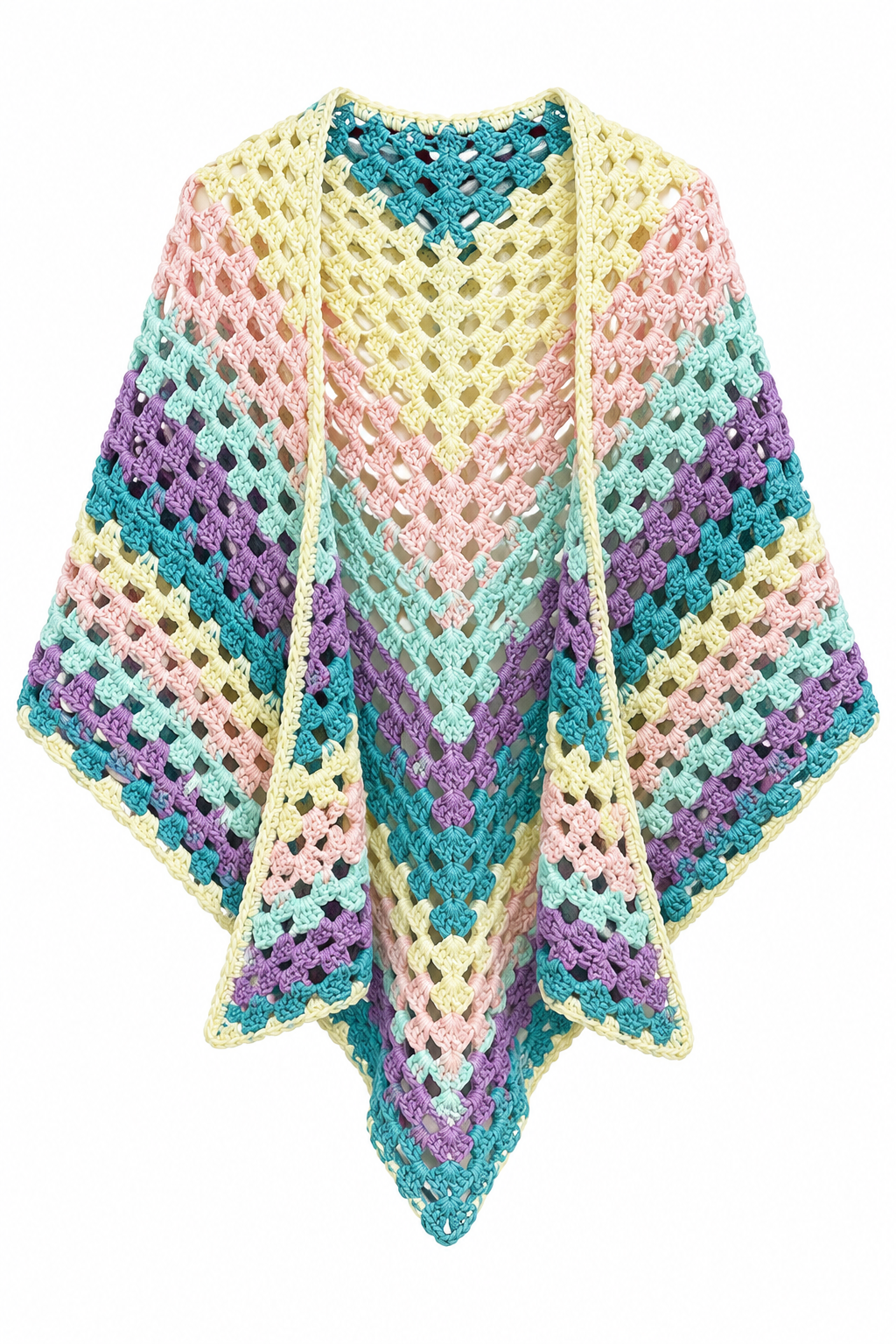 Vintage Handmade Pastel Granny Stitch Crochet Shawl Wrap | One Size