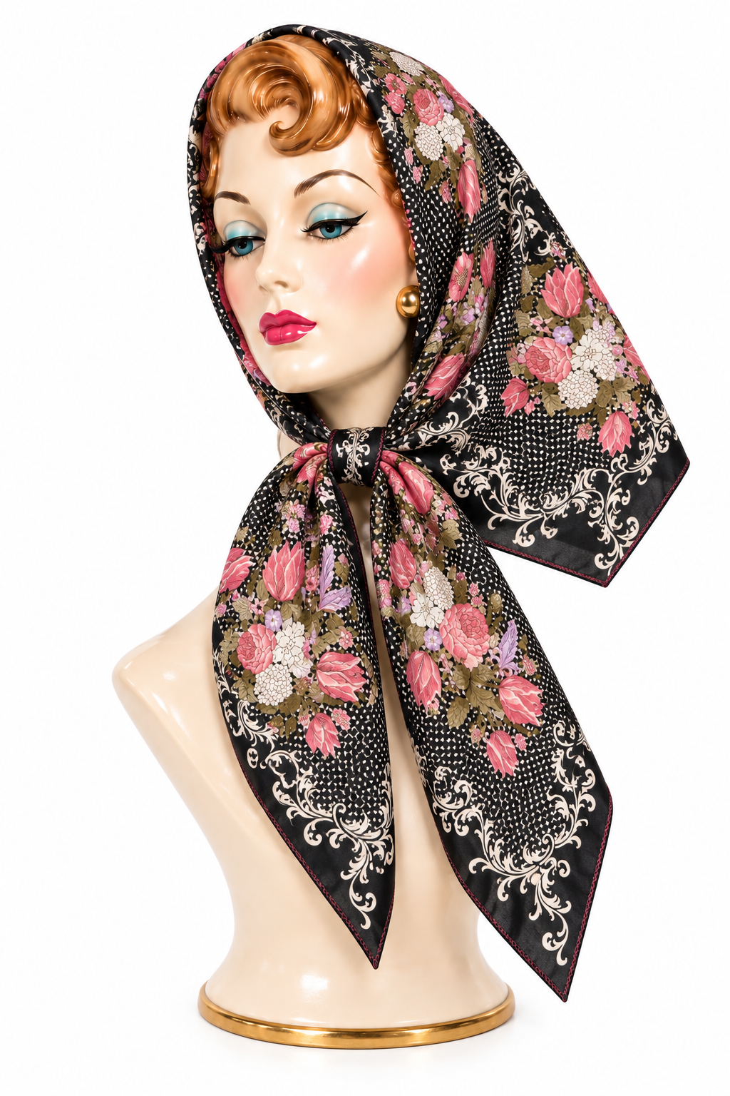 Vintage Black & Pink Floral Satin Scarf | Romantic Rose Print Square Head Scarf