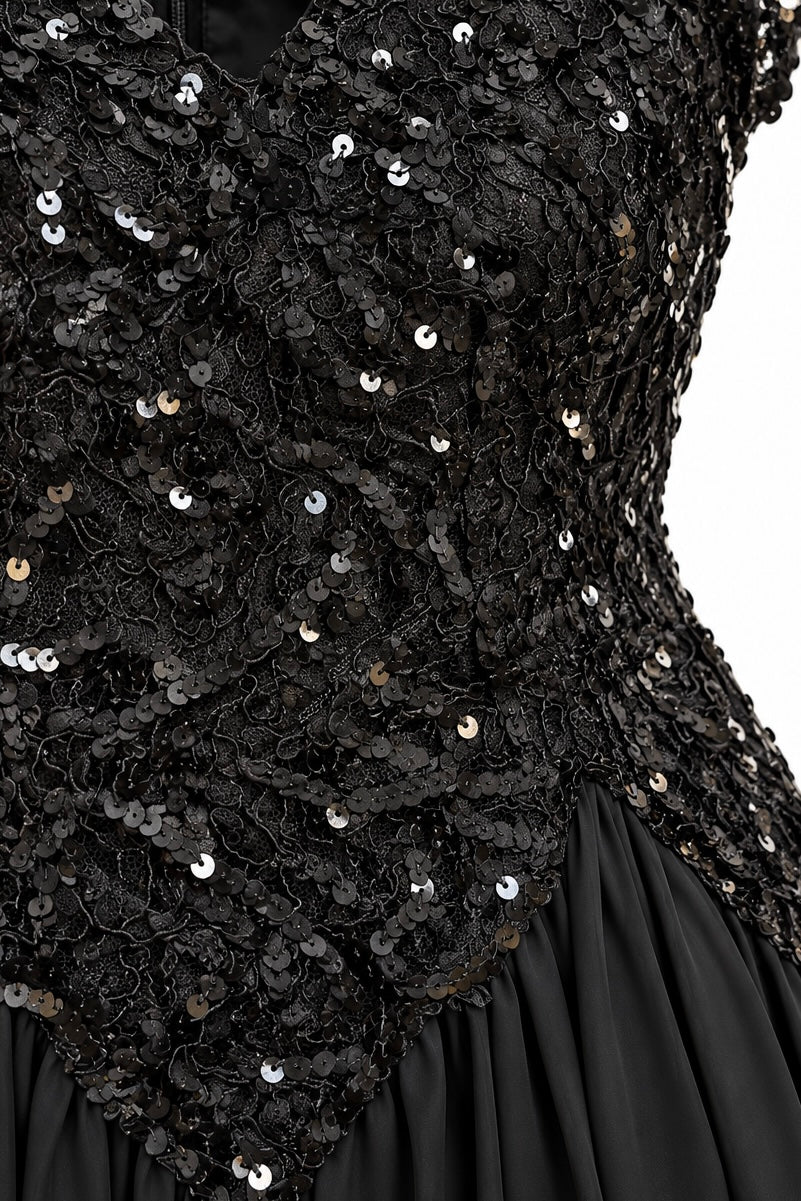 Vintage Shuet Young for HW Collections Black Sequin Lace Evening Gown | Made in USA – Size S/M