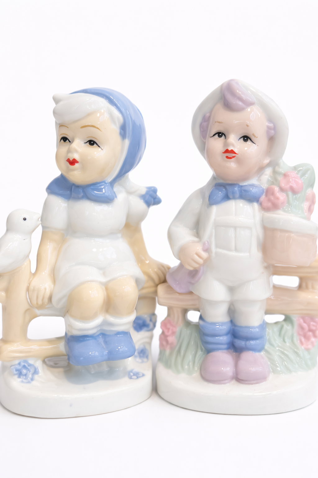 Vintage Children on Bench Figurines | Set of Two Porcelain Pastel Figures