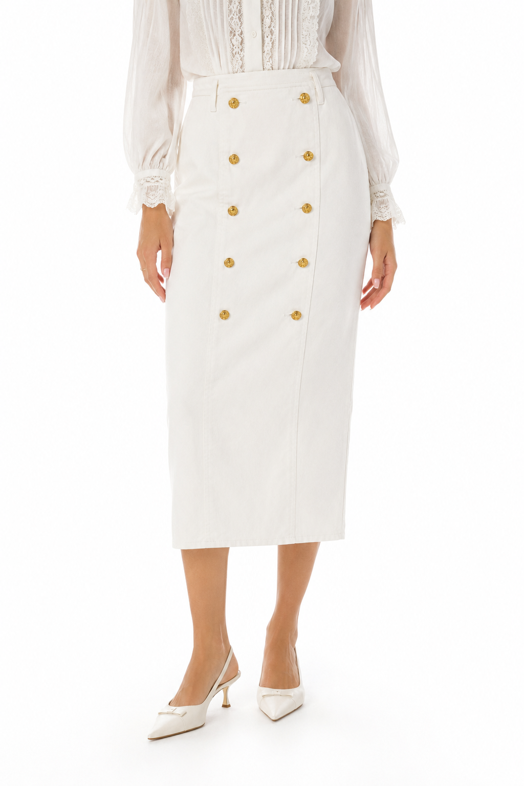 Vintage Vittadini Sport White Cotton Gold Button Midi Skirt – Size 12 | New With Tags