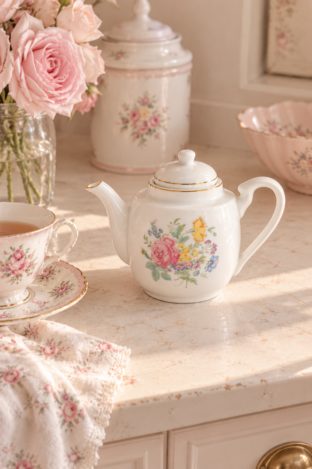 Vintage Mini Floral Teapot | Pink Rose Gold-Tone Porcelain Tea Pot