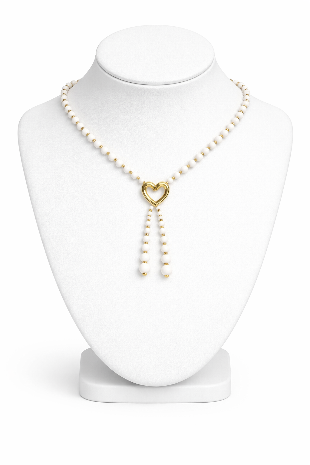 White Pearl Necklace with Gold Heart Pendant | Romantic Statement Strand