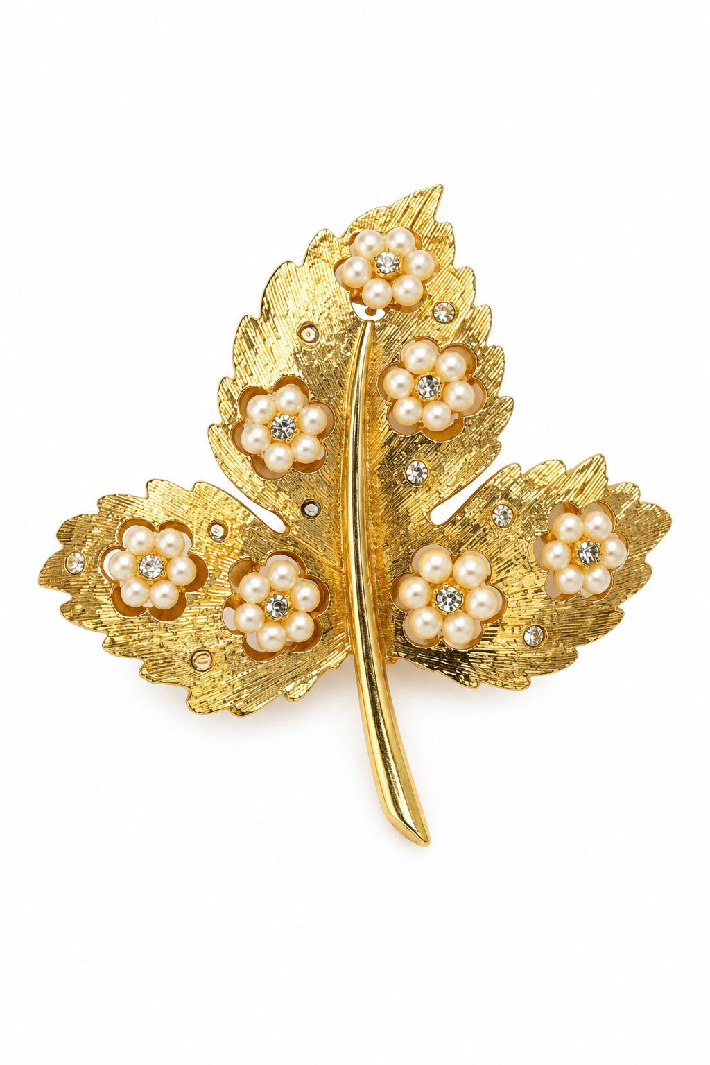Vintage 1980s Gold-Tone Leaf Faux Pearl & Rhinestone Brooch