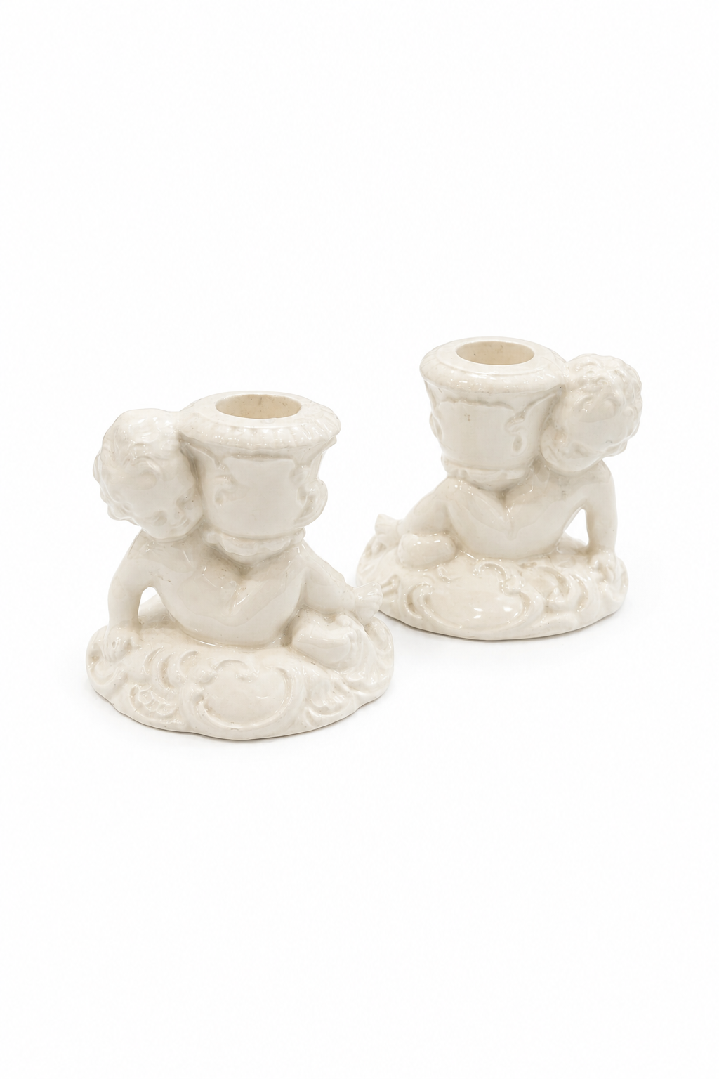 Vintage 1950s German Cherub Candle Holders | Set of 2 Porcelain Angel Candlesticks
