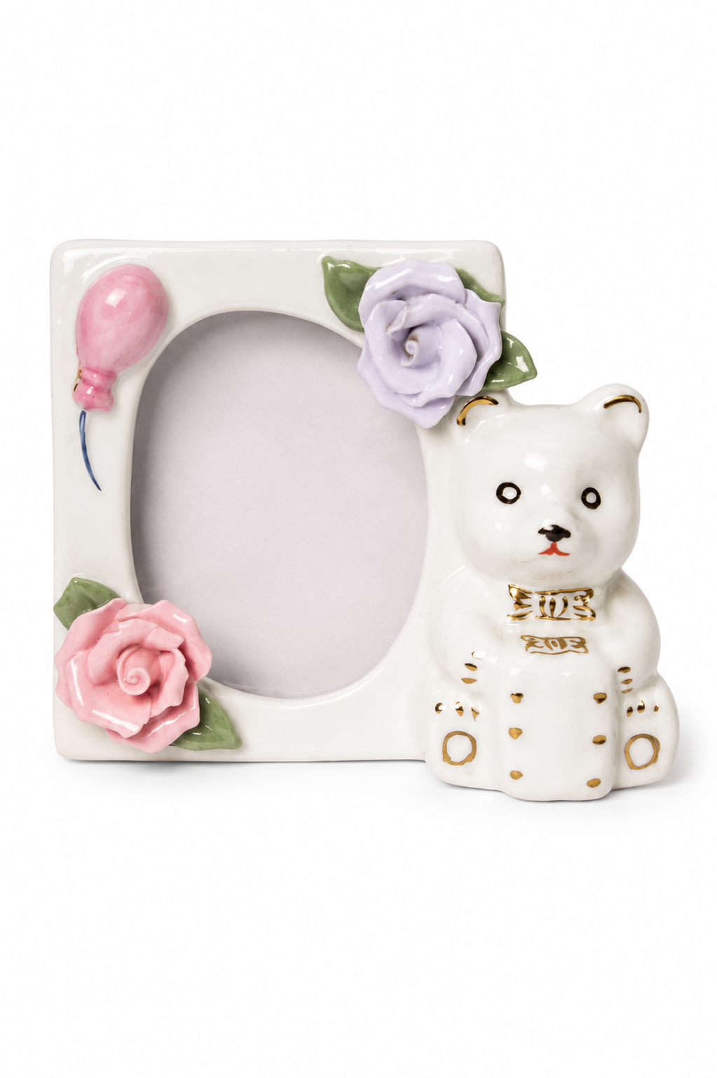 Vintage Teddy Bear Picture Frame | Porcelain Baby Photo Frame with Pink & Lavender Roses | Nursery Keepsake
