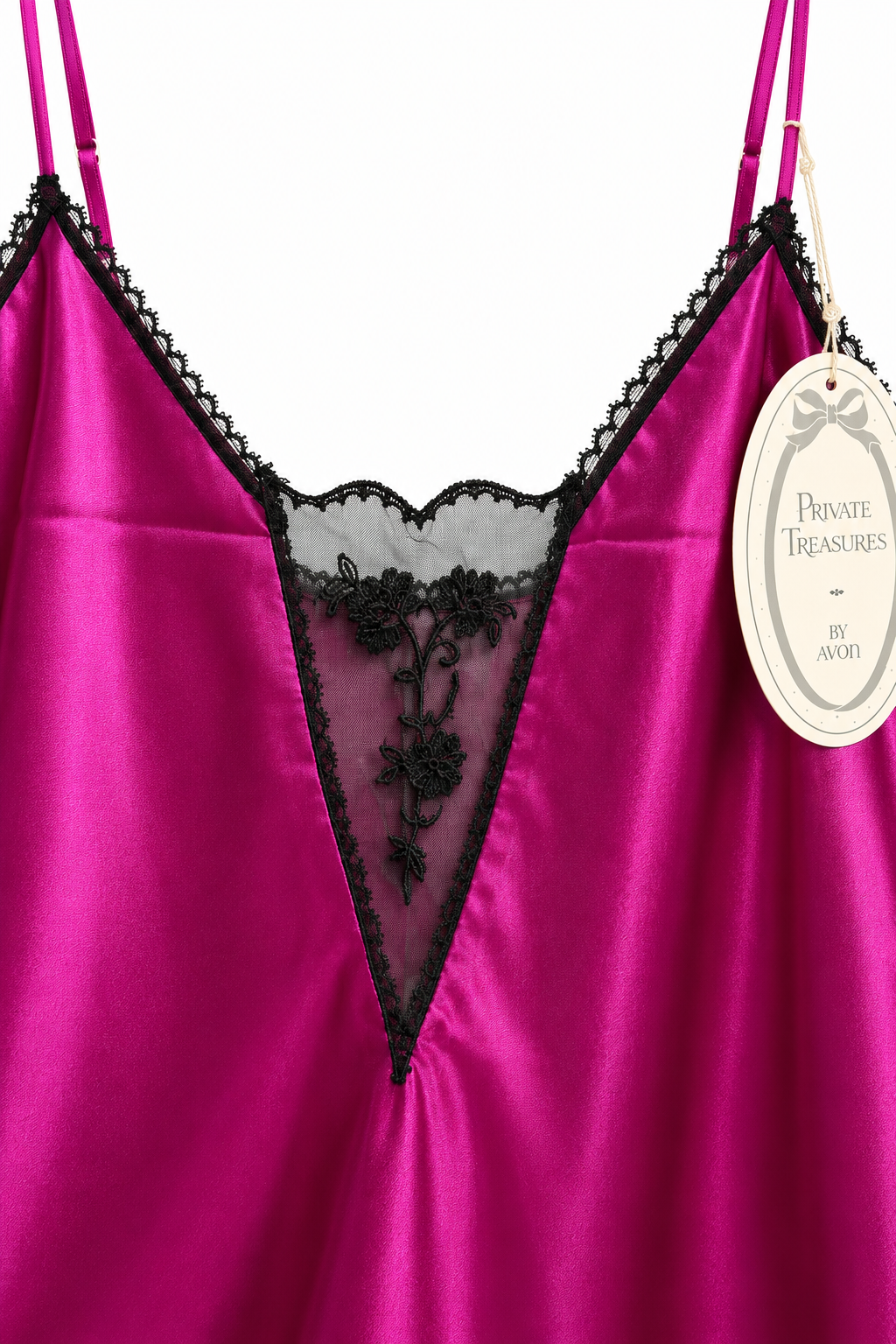 Vintage 1980s Private Treasures by Avon Fuchsia Satin & Black Lace Nightgown – NWT Size XL