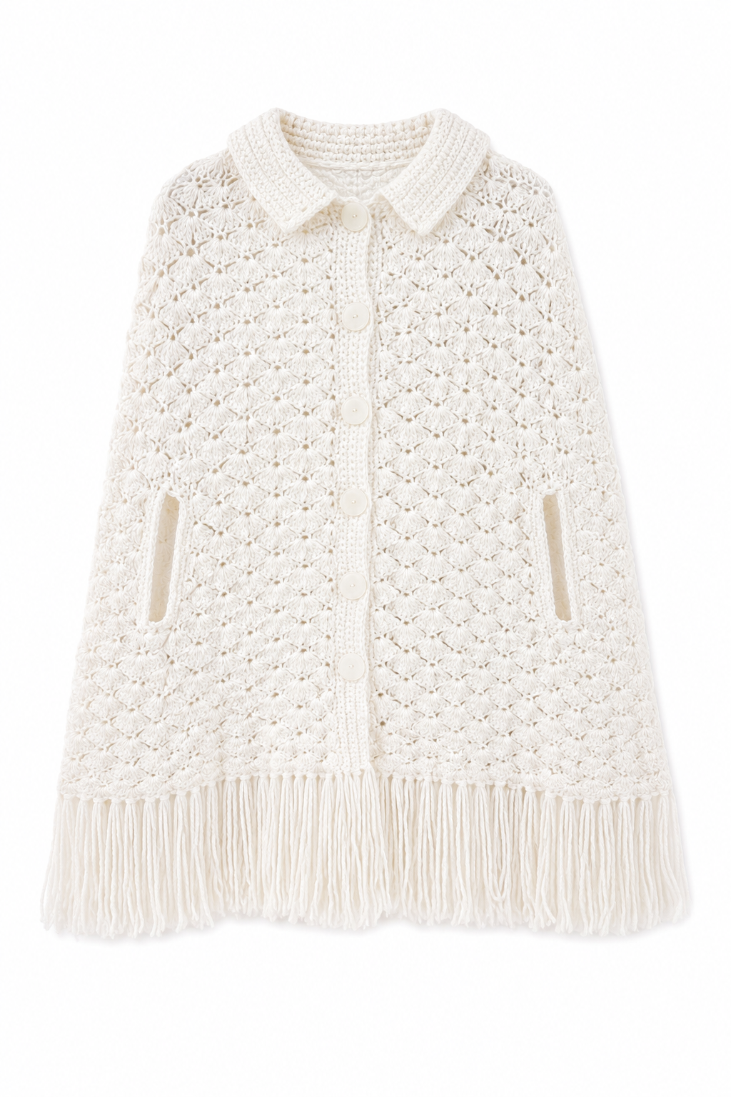 Vintage 1960s–1970s Handmade Crochet Capelet Poncho | Cream Fringe Sweater Wrap | One Size