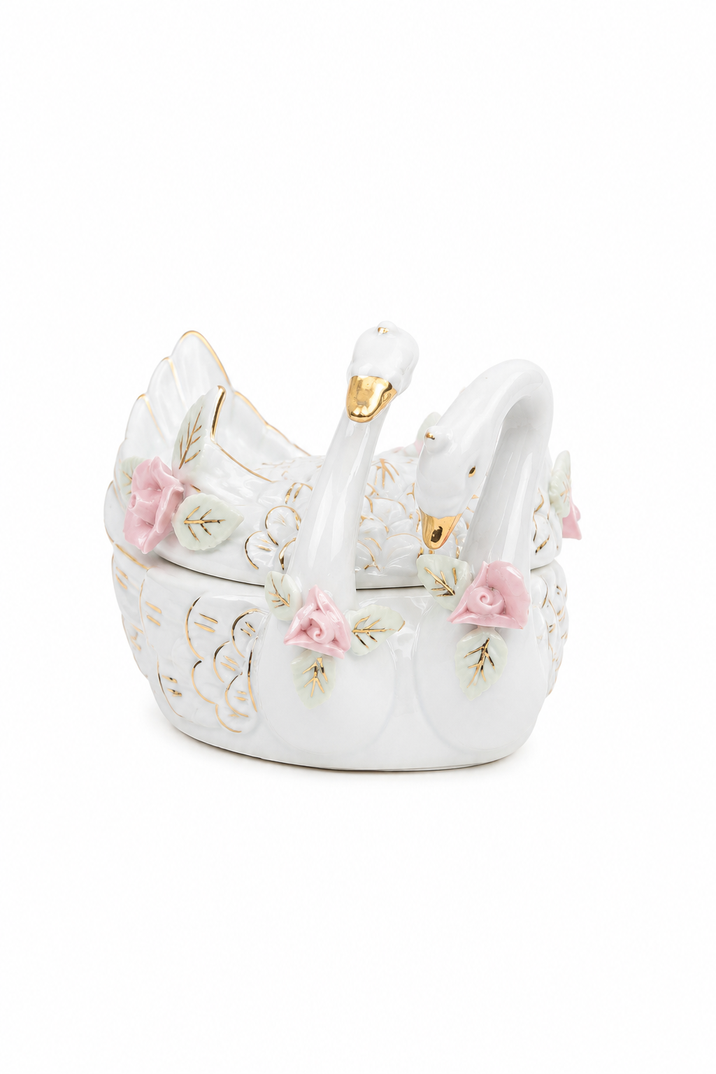 Vintage 1950s White Porcelain Double Swan Trinket Box | Pink Roses & Gold Gilt | Lidded Jewelry Box | Romantic Vanity Decor