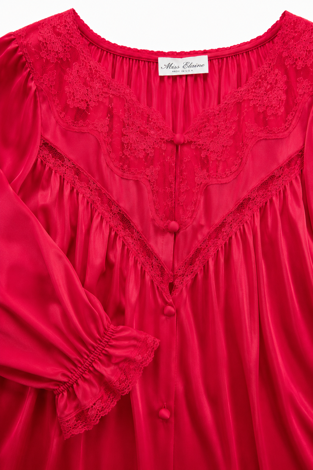 Vintage Red Lace Trim Nightgown | Made in USA Union Tag Lounge Dress | 100% Antron Nylon | Size Small