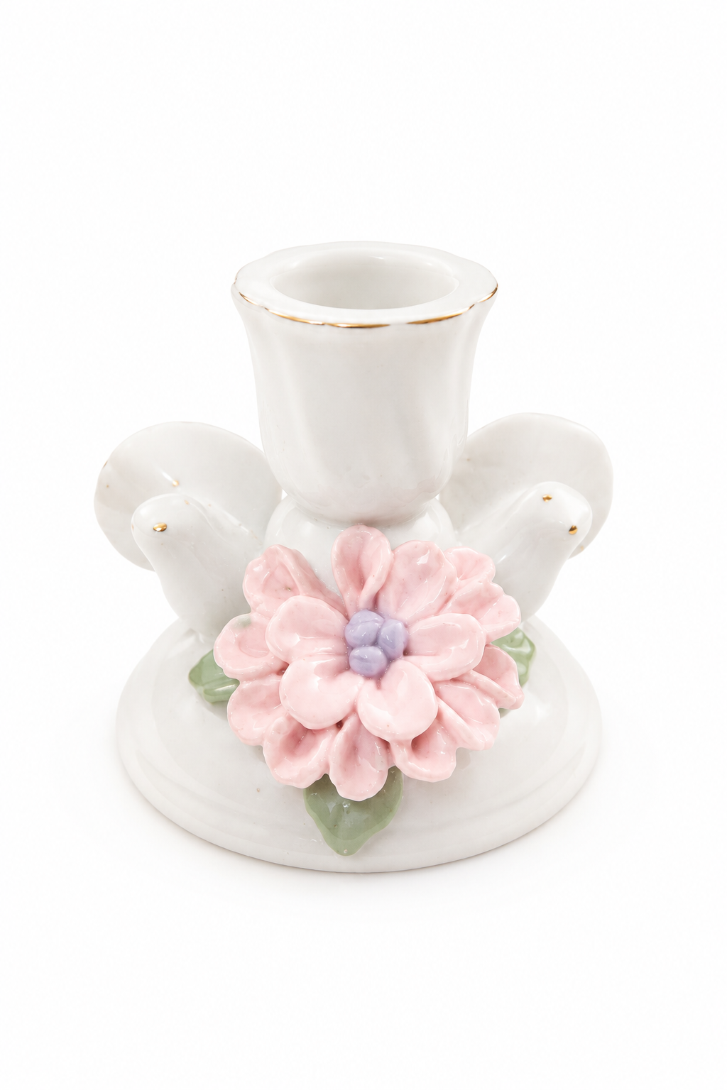 Vintage 1980s–1990s White Porcelain Bird & Pink Flower Taper Candle Holder | Romantic Floral Cottage Decor | 2.75”