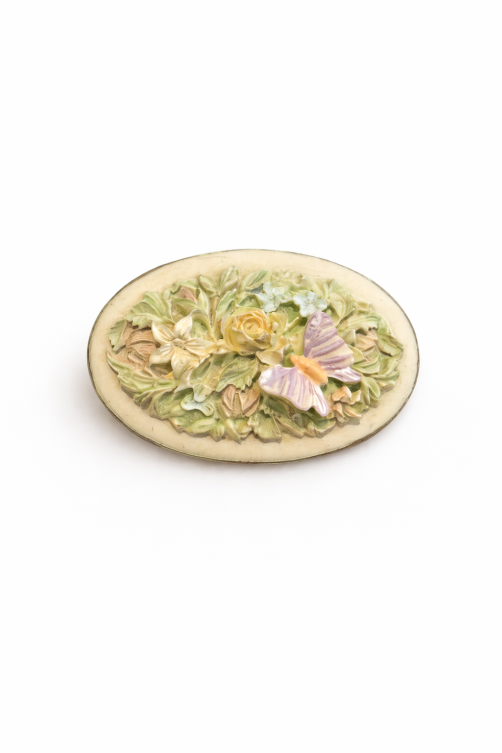 Vintage 3D Ceramic Floral Butterfly Brooch/Pin | Cottagecore Carved Oval Design